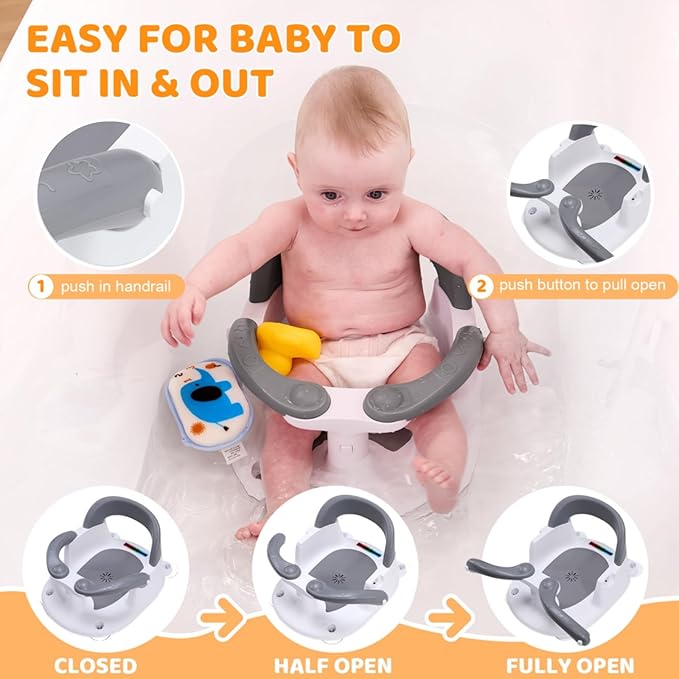 Baby Bath Seat for Babies 6 Months & Up Sitting Up,Infant Bath Seat with Temperature Alert+Open Backrest+on/Off Armrest,Toddler Bath seat Baby Bath Chair for Bathtub,Tub,Sink (Light Gray)