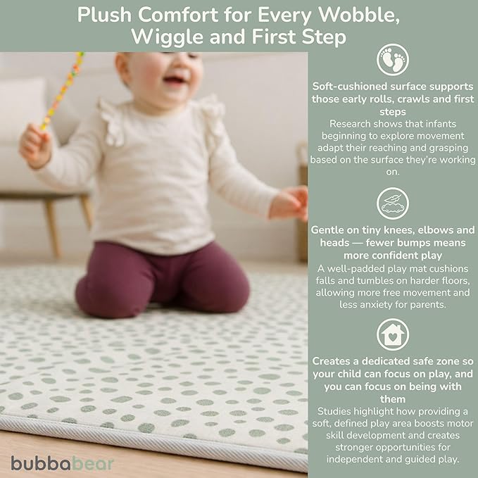 Bubba Bear Baby Play Mat, Thick Foam with Pattern Design, Foldable Waterproof Padded Crawling Mat for Babies (Green Spots, 47 x 35 Inches)
