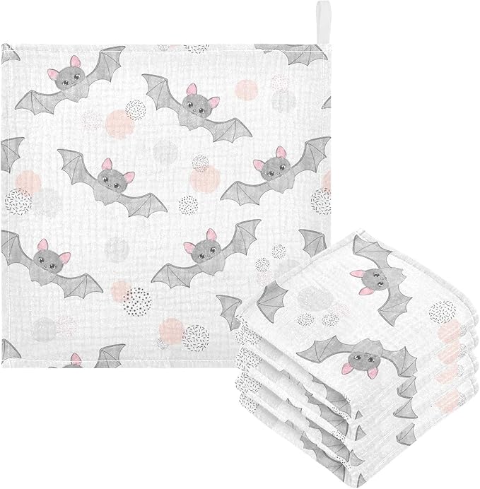 vvfelixl Cute Watercolor Flying Bats Baby Burp Cloths Baby Muslin Washcloths for Boys Girls Cotton Baby Face Towel for Newborn Infants Soft and Absorbent 11.8 X 11.8 in, 5 Pack White