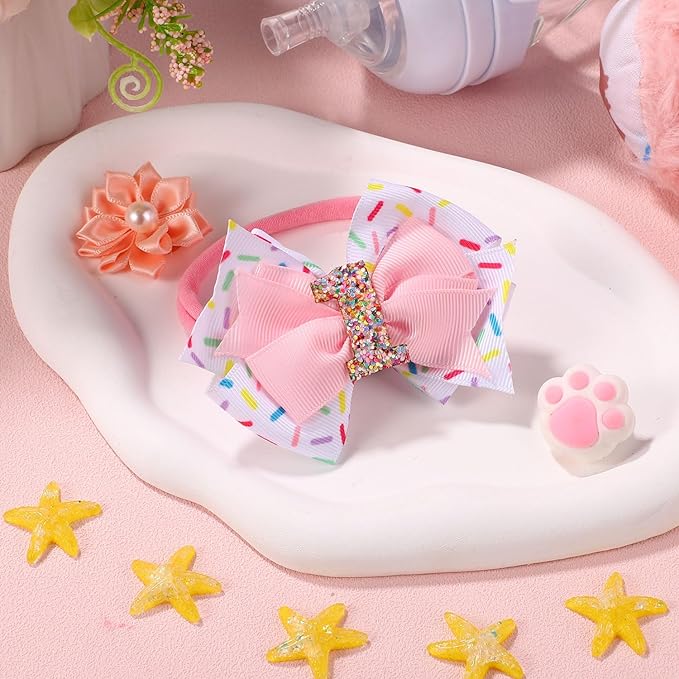 Baby Bow Headband, Cute Baby Hair Bow Elastic Hairband Bow Hair Accessories for Newborn Baby Girls Toddlers 1st First Birthday Party Decorations Photo Props (Ice Cream)