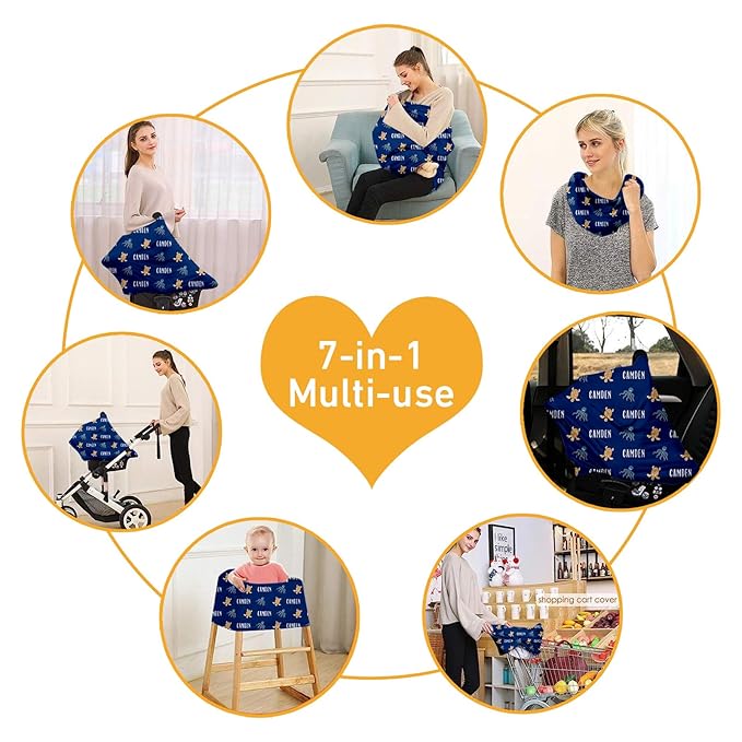 Personalised 7 in 1 Car Seat Cover for Girls and Boys - Multipurpose Breast Feeding Cover, Blue Turtle Print Nursing Cover, Grocery Cart Cover - Birthday Gift for Babies(27"x29")