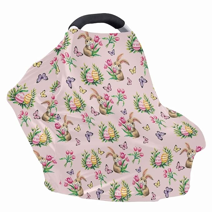 Wanyint Easter Rabbit Butterfly Tulip Pink Baby Car Seat Covers Cute Carseat Canopy for Babies Boys Girls Multi-use Nursing Breastfeeding Covers Nursing Scarf