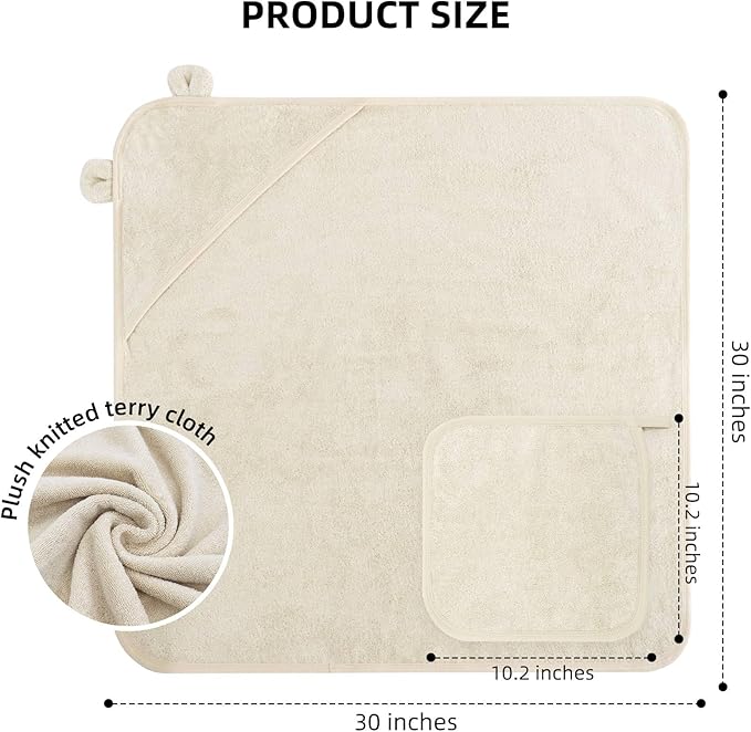 LifeTree 1 Pack Baby Hooded Towel with 1 Pack Washcloth for Newborn, 100% Cotton Bath Towel for Babies, Infant, Toddler and Kids, Thick,Soft and Absorbent, 30 * 30 Inches, Newborn Essentials, Khaki