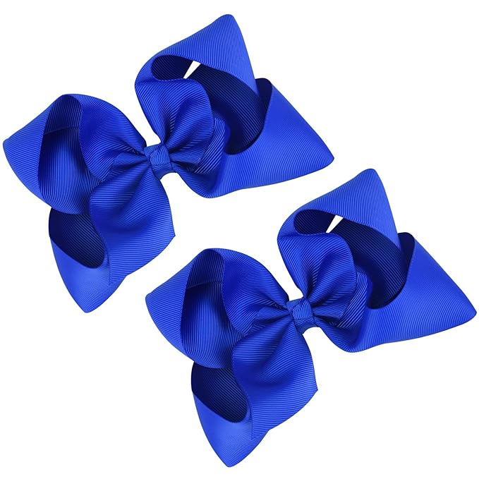 DEEKA 2 PCS 6" Big Hand-made Grosgrain Ribbon Solid Color Hair Bows Alligator Clips Hair Accessories for Little Teen Toddler Girls Kids Set of 2 -Royal Blue