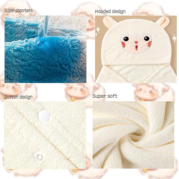 Toddler Baby Bath Towel with Hood 27.5"X55" Ultra Absorbent Soft Cozy Comfort Bathrobe Blanket, 0-6 Years Infant Shower Towel for Girls(White-Goat)