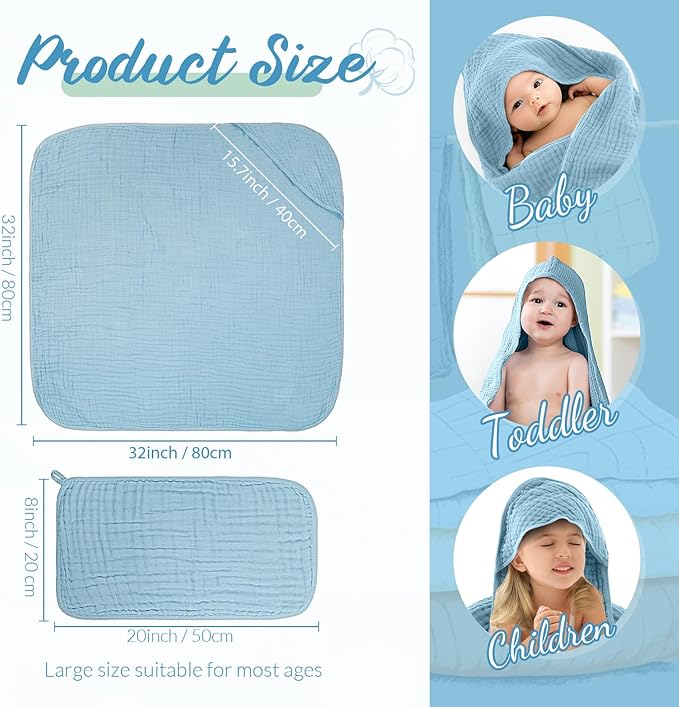 VitalCozy 12 Pcs Baby Muslin Hooded Bath Towels and Washcloths, Muslin Hooded Baby Towels Absorbent Blankets for Gift Newborn Infant Shower (Green Blue Gray)