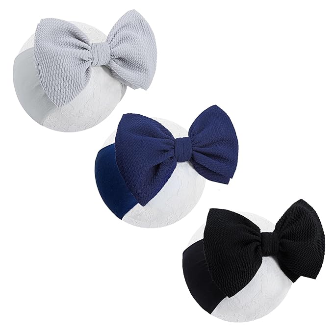 Hairband for Girls Baby - 3 Pack Black with Bows Elastics Headbands Oversized Head Wraps Infant Toddlers Kids