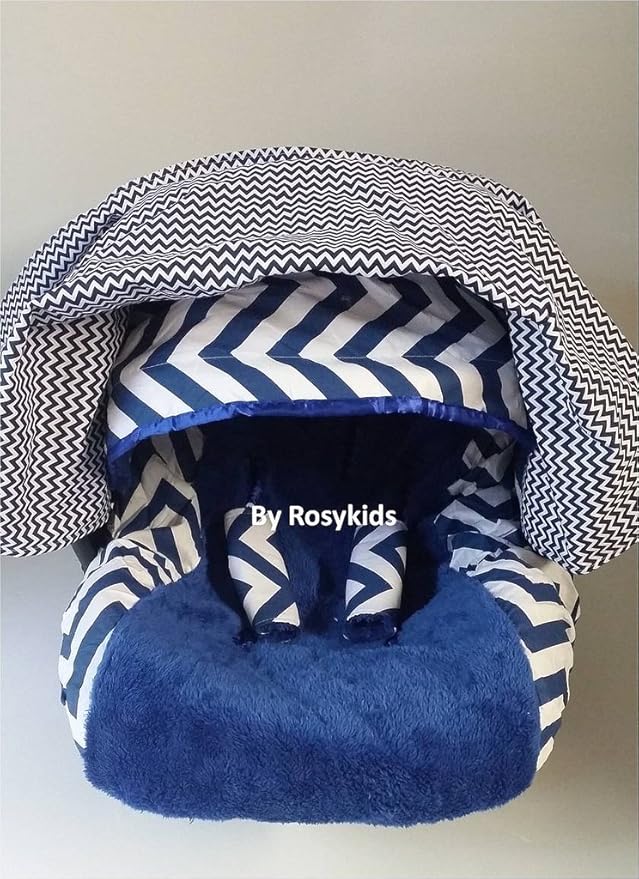 Rosy Kids Infant Carseat Canopy Cover 4pc Whole Caboodle, Baby Car Seat Cover and Canopy Cover Outdoor Traveling Kit, Navy Blue Chevron