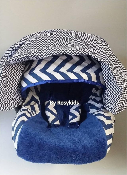 Rosy Kids Infant Carseat Canopy Cover 4pc Whole Caboodle, Baby Car Seat Cover and Canopy Cover Outdoor Traveling Kit, Navy Blue Chevron