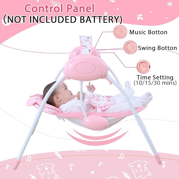 Baby Swing for Baby Girl,Newborn Swing with Music,5 Speed Levels,Timing Setting,Soft Cushion,Pink Foldable Infant Swing for Indoor Outdoor Use 0-9 Months