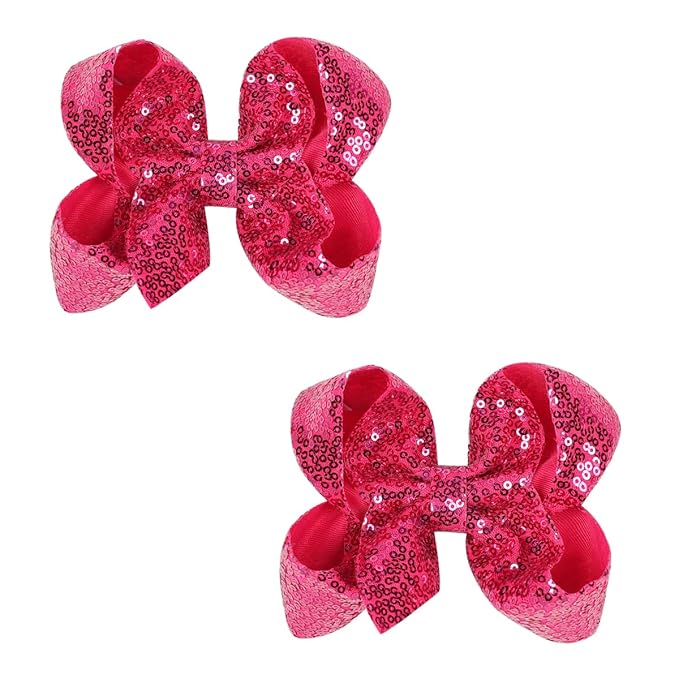 6 Inch Hot Pink Sparkly Glitter Sequin Hair Bows for Girls Toddlers Kids Children Teenage (2PCS)