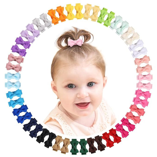 Fully Lined Grosgrain Ribbon Mini Hair Clips and Bows for Girls - 1.2" Tiny Hair Clips and Bows for Infants' Fine Hair (25 Color Pairs, 50 Pieces)