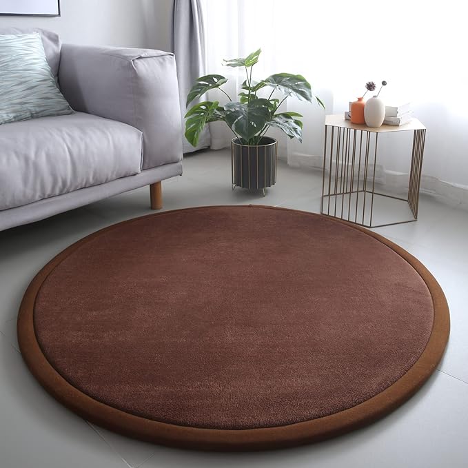 Loartee Thick Kids Round Rug - Coral Velvet Area Rugs, Memory Foam Circular Carpet for Nursery Playroom Home Decor Dormitory, Diameter 71 inch, Coffee