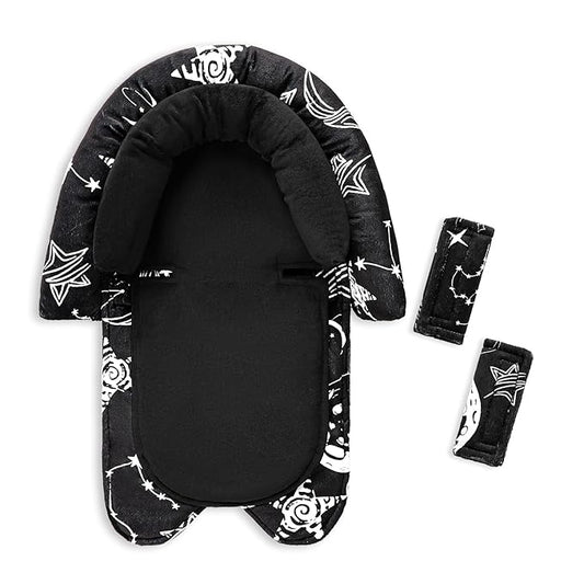 GFU Baby Car Seat Head Support for Newborn, 2 in 1 Infant Car Seat Head Body Support with Strap Pads, Soft Stroller Cushion Pillow Insert for Girls, Fits for Stroller, Swing, Black Star