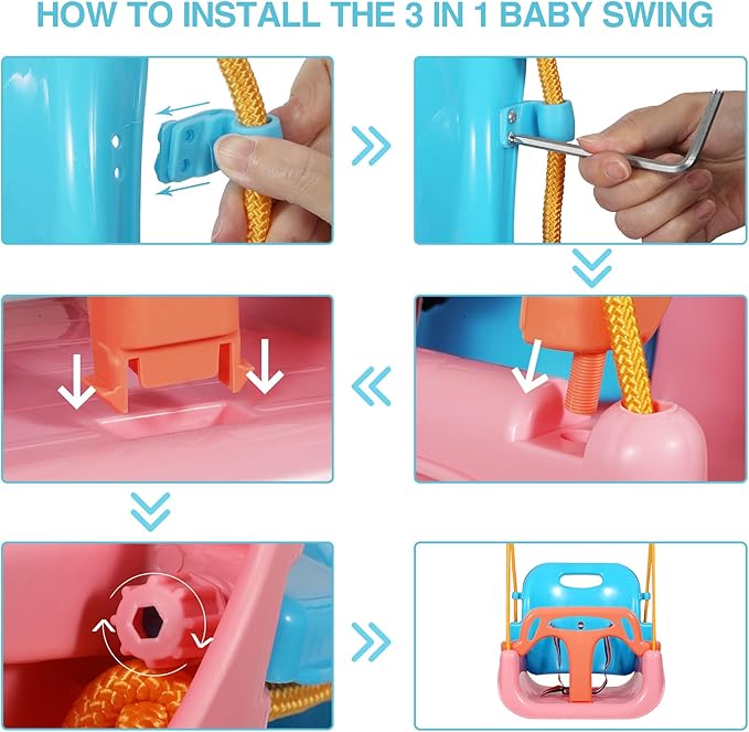 RedSwing 3-in-1 Baby Swing Seat, Toddler Swings, Anti-Flip Snug & Secure Detachable Infants to Teens Kids Swing Seat for Outside Playground, Pink Orange Blue