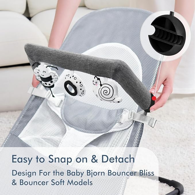 iGRATENS Baby Bjorn Bouncer Toy Bar, Toy Bar for Baby Bouncer Bliss and Balance Soft with 3 PCS Cute Sensory Toys, Easy to Attach and Remove, Skin -Friendly, Machine Washable, Black and White, Soft