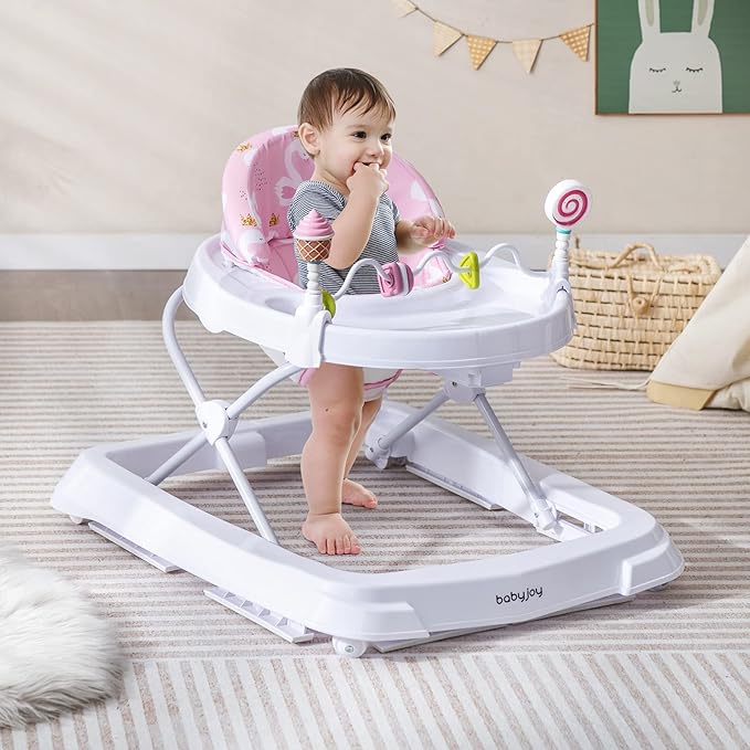 HONEY JOY Baby Walker, Foldable Toddler Push Walker with Toys, Adjustable Height, High Back Padded Seat, Infant Activity Walker with Wheels for Boys and Girls (Pink)