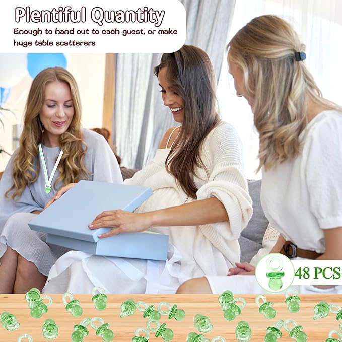 48 Pcs Acrylic Pacifiers for Baby Shower Game Boy Girl, 1.75’’ Baby Shower Pacifiers, Bulk Pacifier for Hunt Games, Decoration DIY, Gender Reveal Table Scatter, Party Favors(Green)