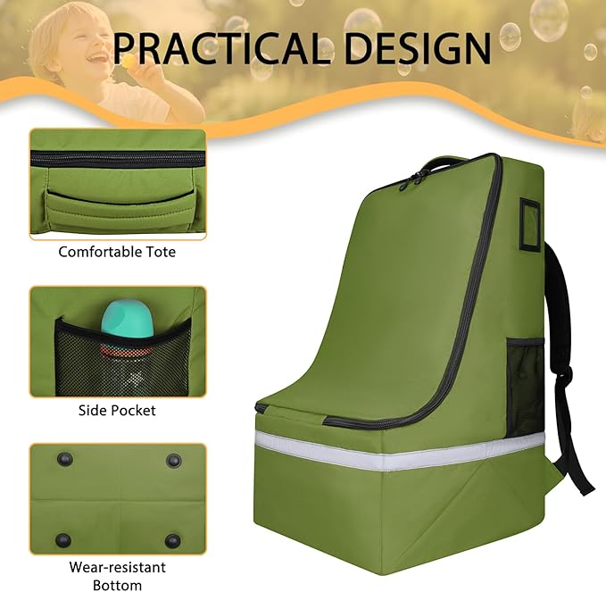 LARIPOP Car Seat Travel Bag for Airplane, Universal Gate Check Car Seat Bag, Padded Backpack with Waist Belt, Reflective Strips & Protective Feet, Fits Infant Convertible Booster Seats, Green