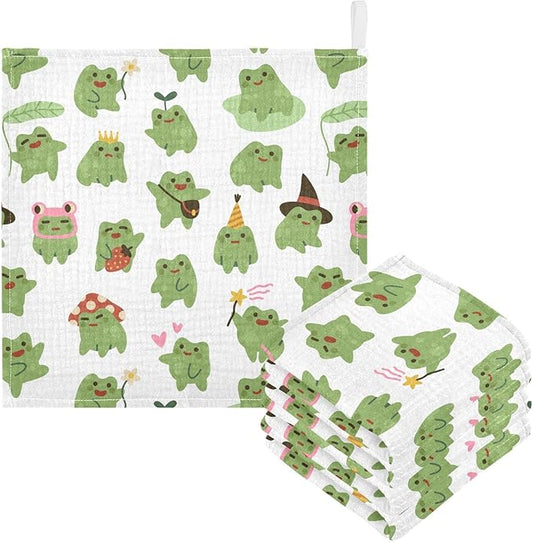 Cute Toads Frogs Baby Muslin Washcloths Soft Face Towel for Newborns, 11.8 X 11.8 Inch, 5 Pack