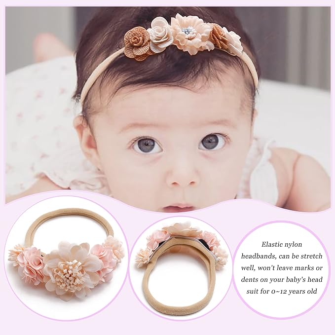 Baby Girl Flower Headband 6 PCS Elastic Hairbands Handmade Nylon Bows Headbands Chic Floral Hair Accessories Kids Gifts for Newborn Infant Toddlers