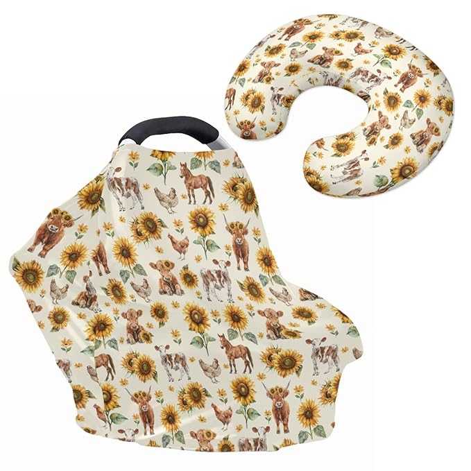 Sunflower Highland Cow Baby Car Seat Covers with Nursing Pillowcase Set of 2, Multi-use Car Seat Canopy Carrier Protector, Breathable Breastfeeding Cover for Girl Boy