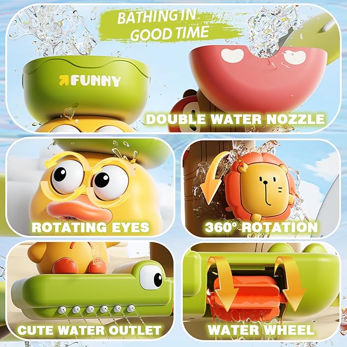 Bath Toys for Toddlers 1-3 with 3 Strong Suction Cups, Interactive Squirting Duck & Spinning Lion Water Toys for Bathtub Fun, Ideal Christmas Shower Gift for Boys & Girls 18M+