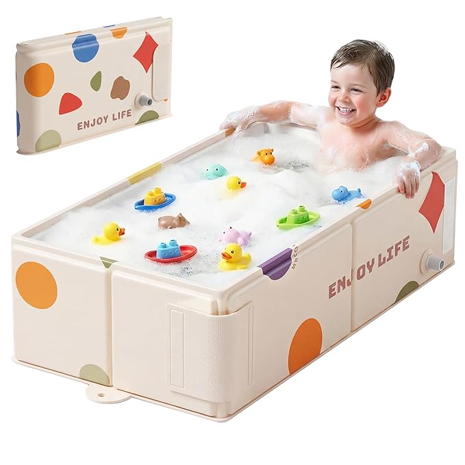 Collapsible Baby Bathtub for Newborn to Toddler, Foldable Toddler Bathtub with Drain Plug, Non-Slip Portable Infant Bath Tub for Travel Storage Outdoor Use, Pastel Dots Pink