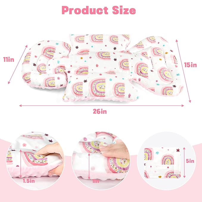 Pea Pod Infant Car Seat Insert with 3 Strap Covers, Reversible Baby Car Seat Head and Body Support, Minky Dot Newborn Carseat Insert for Preemie (Cute Rainbow)
