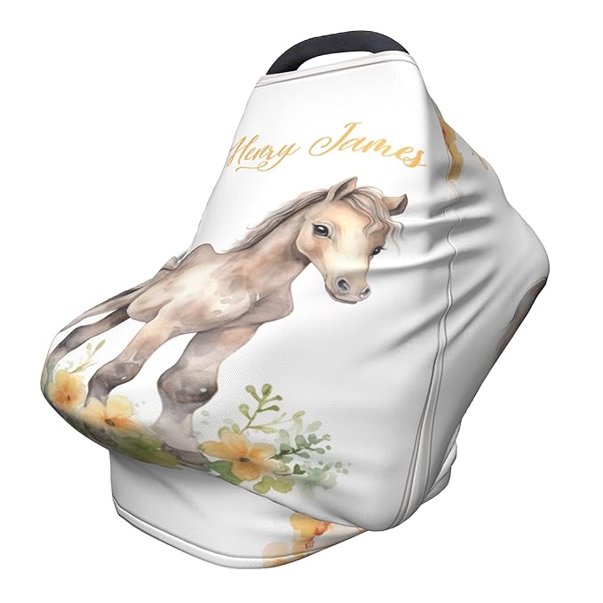 Personalized Car Seat Covers with Name, Horse Baby Canopy Carrier Cover, Breathable Breastfeeding Nursing Cover, Stretchy Multi-Use Infant Carseat Stroller Cover