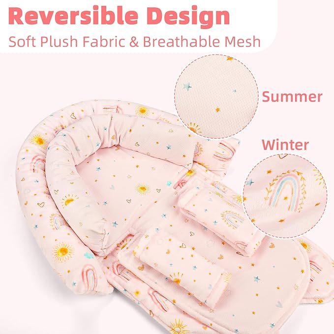 2-in-1 Infant Car Seat Insert, Upgraded Newborn Carseat Insert, Breathable & Soft Baby Car Seat Head Support with 2 Strap Covers for Girls, Perfect for Carseat, Stroller, Swing, Pink