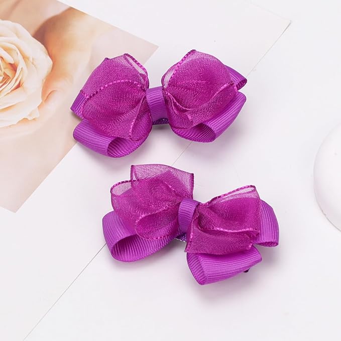 Tiny 3 Inch Organza Double Hair Bow Clips - Lined Boutique Alligator Hairpin for Baby Girls, Toddlers, and Little Teens - Kids Barrettes Set of 2 Small Stylish (Deep Purple)