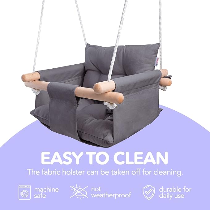 CaTeam - Canvas Baby Swing, Wooden Hanging Swing Seat Chair with Safety Belt, Durable Baby Swing Chair, Outdoor and Indoor Swing for Kids, Mounting Hardware Included, Dark Gray