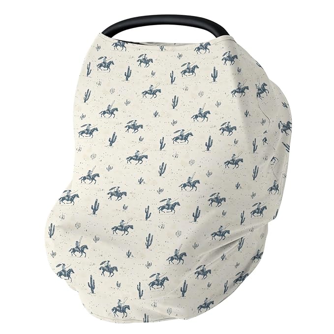Vintage Western Cowboy Car Seat Covers for Babies Retro Cowboy Horse Cactus Stretchy 5-in-1 Cover Adjustable Car Canopy Cover Wild Desert Country Breathable Nursing Cover-Up