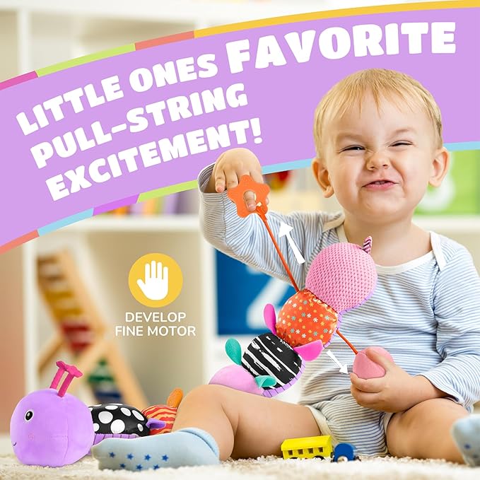 AWOTOY Baby Toys 6-12 Months Music Caterpillar Infant Toys Stuffed Animals 0-3-6 Months Teething Tummy Time Sensory Toys with Mirror Rattle&Pull String for Boys Girls Birthday Gifts|Lavender Purple