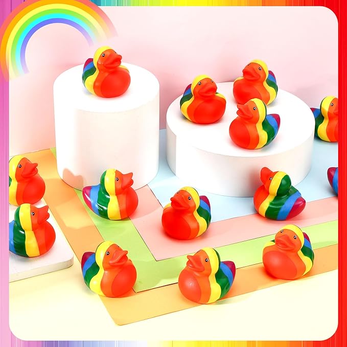 50 Pcs Rubber Rainbow Duck,Squeak and Floating Duckies Bulk,Mini Rubber Figurines Rainbow Ducks for Shower Birthday Gifts LGBT Party Favors