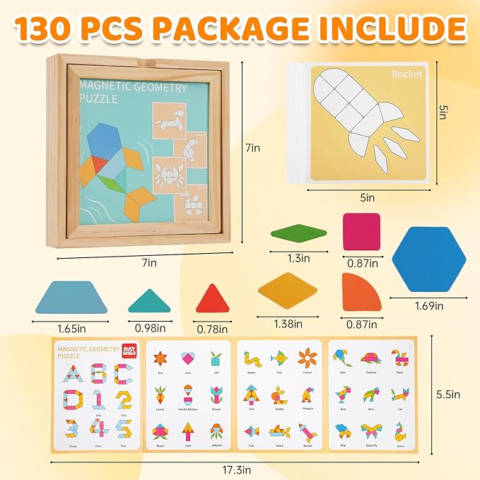 Wooden Magnetic Pattern Blocks Set, 130 PCS Montessori Tangram Puzzle with Design Cards, STEM Educational Learning Toys for Toddlers & Kids Ages 4-8, Creative Gift for Boys & Girls