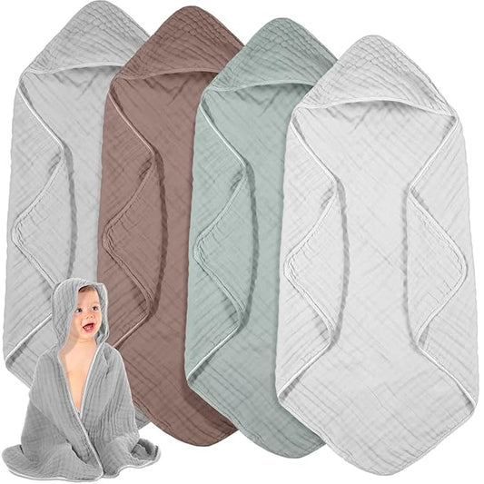 Peryiter 4 Pcs Muslin Hooded Baby Towels 32 x 32 Inch Cotton Newborn Bath Essentials Muslin Infant Blankets Absorbent Registry Gifts for Girl Boy Kids Baby Shower (White,Gray,Green,Brown)
