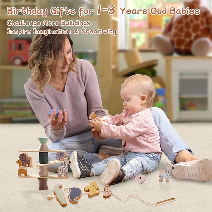 Wooden Animals Threading Toys Lacing Beads for Toddlers,Stacking Blocks Balance Game,Family Educational Preschool Learning Toy, Preschoolers Montessori Classroom Activities,Ideal Gift for Kids
