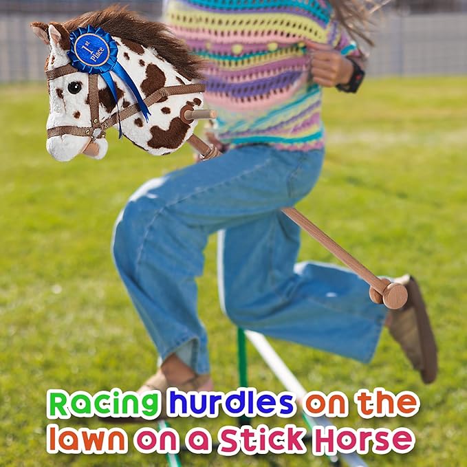 HollyHOME Stick Horse Plush with Detachable Blue Ribbon Champion Hobby Horse on Stick with Wood Wheels Real Pony Neighing for Kids Toddlers Appaloosa 36 Inches(AA Batteries Required)