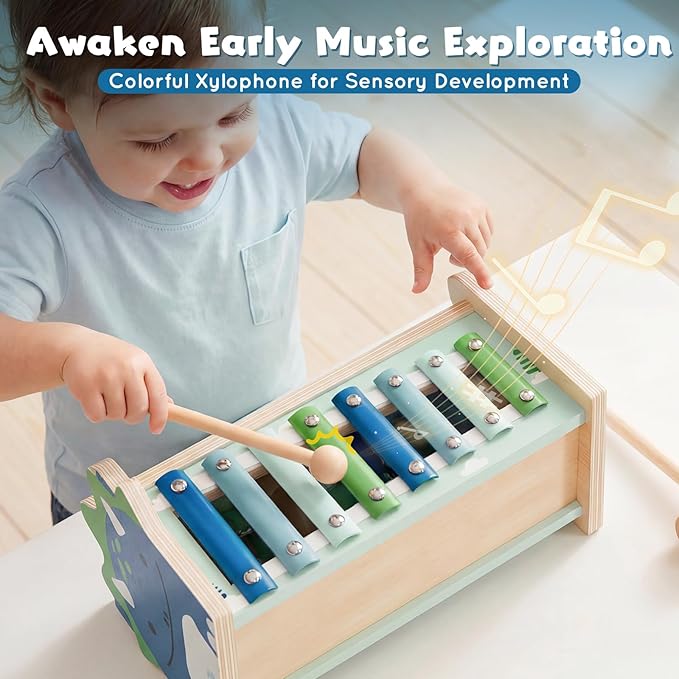 Lehoo Castle Baby Montessori Toys for 1 2 Year Old, Wooden Hammering Pounding Toy with Xylophone, Educational Learning Activities for 1 2 3 Year Old Boys First Christmas Birthday Gifts - Dinosaur