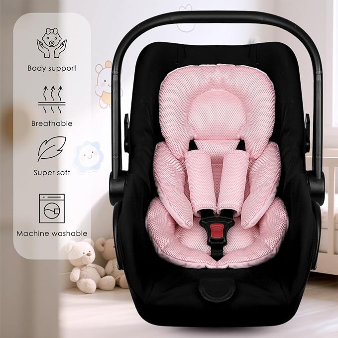 Infant Car Seat Insert for Newborn Girls Boys, Summer Mesh Baby Carseat Head Inserts with Strap Pads, Soft Reversible Baby Car Seat Insert Cushion Pad for Stroller, Bouncer, Swing, High Chair, Pink