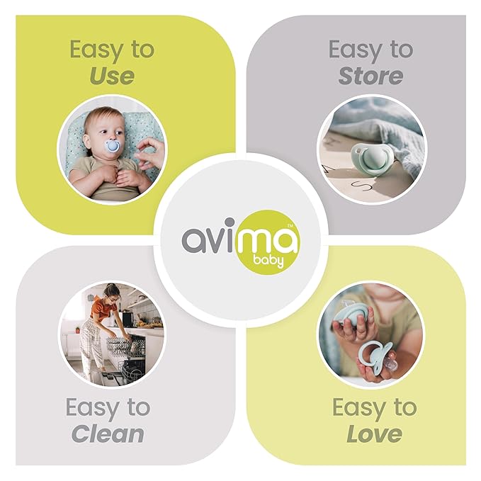 Avima Orthodontic Pacifiers 0-6 Months – BPA-Free Silicone Baby Pacifiers for Newborns & Breastfed Babies, Soothing Baby Binky w/Soft Nipple Design (4-Pack, Green & Grey)