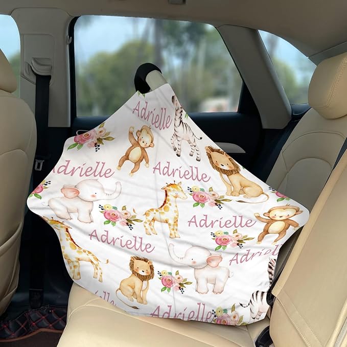 Personalized Baby Car Seat Cover Stroller Canopy: Custom Name Newborn Baby Boy Girl Elastic Animals Nursing Cover for Moms First Birthday Gift Giraffe Monkey(one Size)