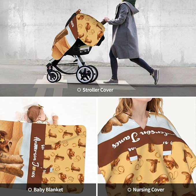 Custom Name Cowboy Baby Car Seat Canopy – Opening Minky Nursing Cover with Name, Personalized Infant Carseat & Stroller Cover for Newborn Baby Boys Gift