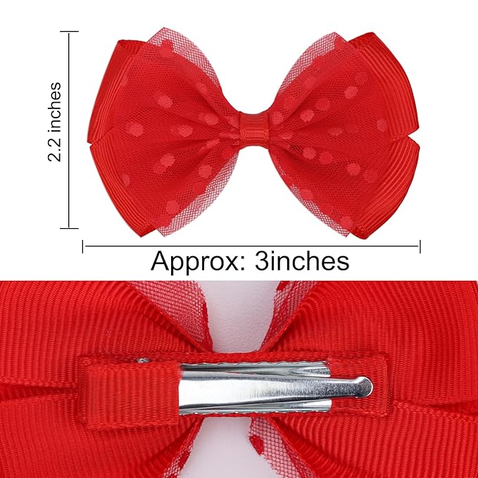 Tiny 3 Inch Dot Organza Double Hair Bow Clips - Cute Lined Boutique Alligator Hairpin for Girls, Toddlers, and Little Teens - Kids Barrettes Set of 2 Small Stylish (Red)