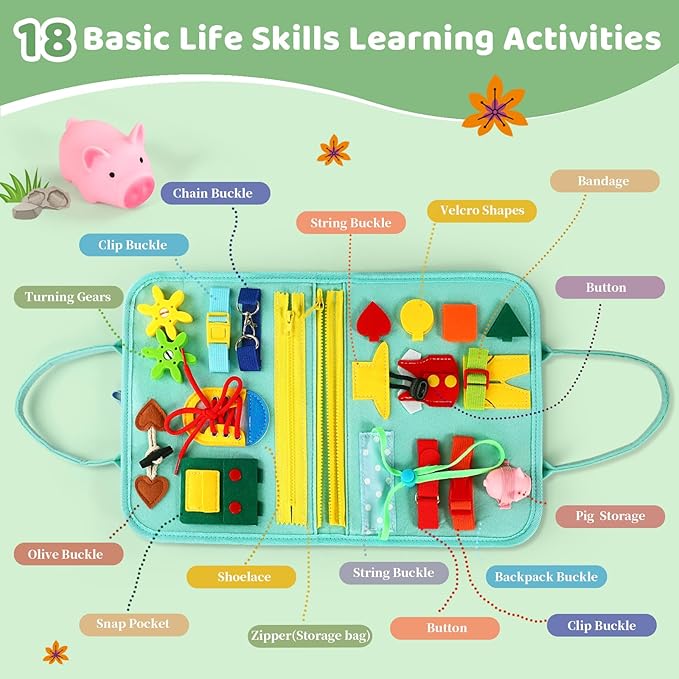 Toddler Busy Board for 1 Year Old, Montessori Toy Sensory Busy Book for Toddler 1-3 Fishing Game Life Skill, Learning Toy Car Ride Airplane Activities Travel Essential 2-4 Birthday Gift for Boy Girl