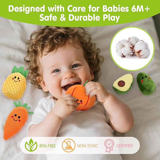 hahaland Montessori Toys for 1 Year Old - 17 PCS My First Fruit Vegetable Sensory Toys Color Sorting Plush Play Food with Caterpillar Storage Bag, 6 9 Month Old Baby Toys 6-12 Months One Year Old Gift