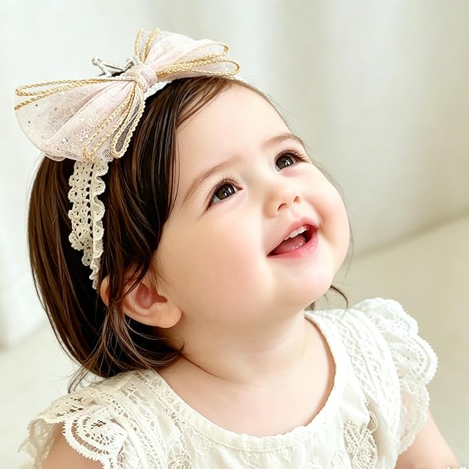 Baby Girls Hairbands Bow Lace Headband Handmade Soft Stretchy Pink Bowknot Hairbands Newborn Hairband with Bows Elastic Hair Bands for Kids Infant(Light Pink Crown Bow)