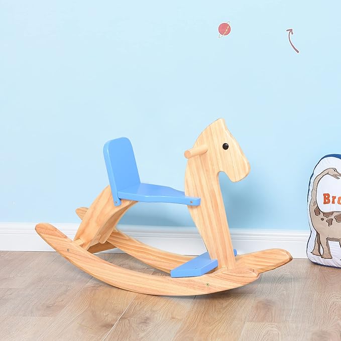 Wooden Rocking Horse Baby Ride On Toy for Toddler Rocking Horse Classic Design with Pedal and Safe backrest for Toddlers (Blue)